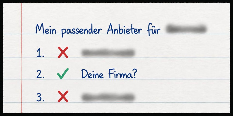 Handgeschriebene Anbieterliste auf einem linierten Notizblatt: zwei anonymisierte Anbieter mit rotem X und „Deine Firma?“ mit grünem Haken